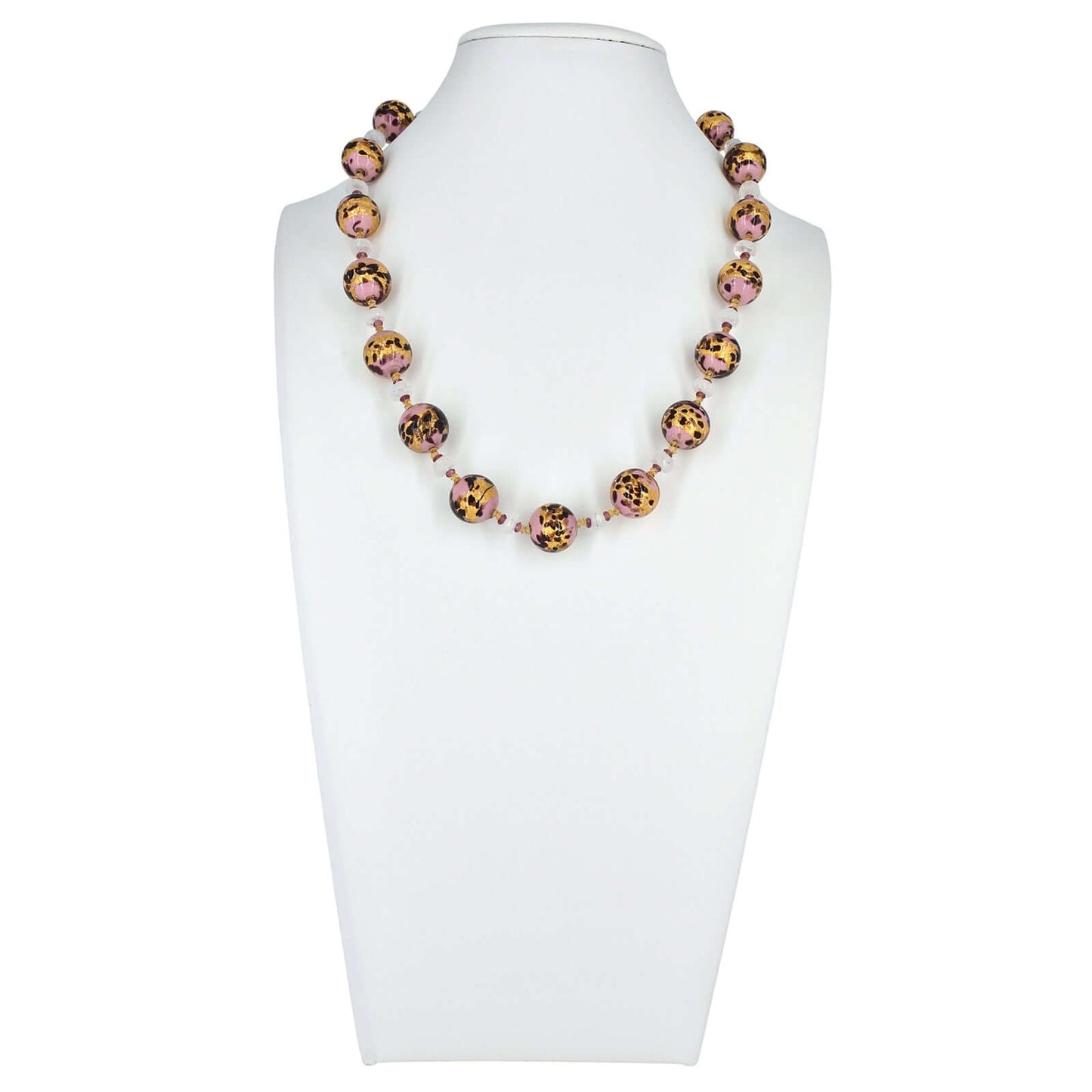 Pink Leopard Spot Italian Bead Necklace with Citrine, Garnet and Moonstone Beads - Sterling Silver Clasp  