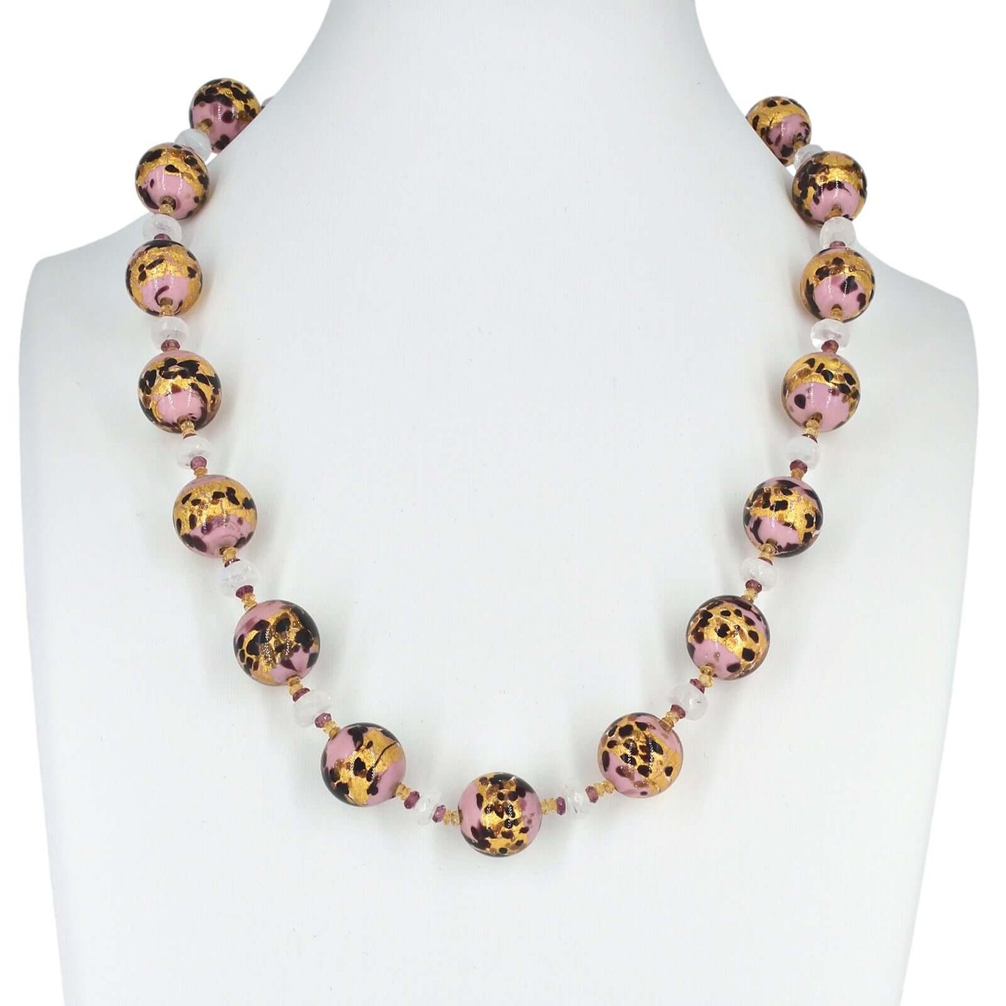 Pink Leopard Spot Italian Bead Necklace with Citrine, Garnet and Moonstone Beads - Sterling Silver Clasp  