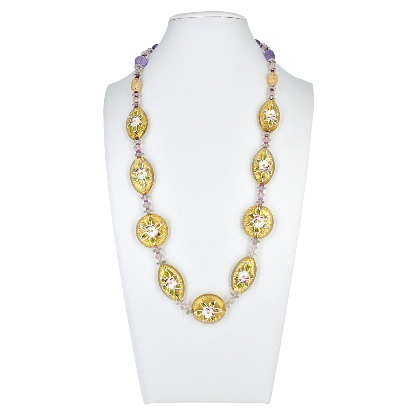 Gold Floral Coin Necklace with Green Amethyst, Rose Quartz and Tourmaline and Sterling Silver Clasp  