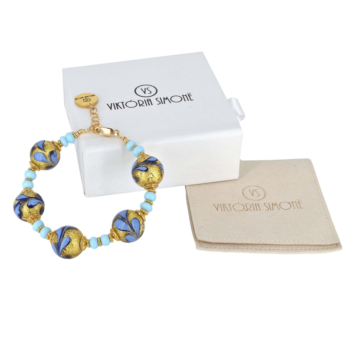 Blue and Gold Floral Venetian Bead Bracelet with Gold Filled Clasp  