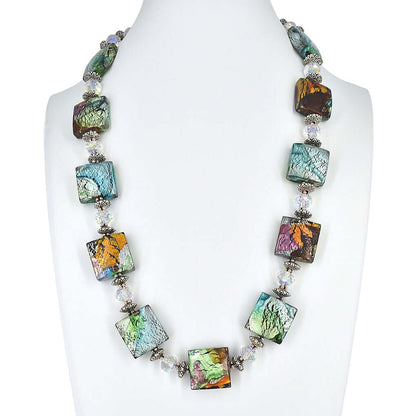 Multi-Color Large Italian Murano Glass Bead Necklace with White Austrian Crystals  