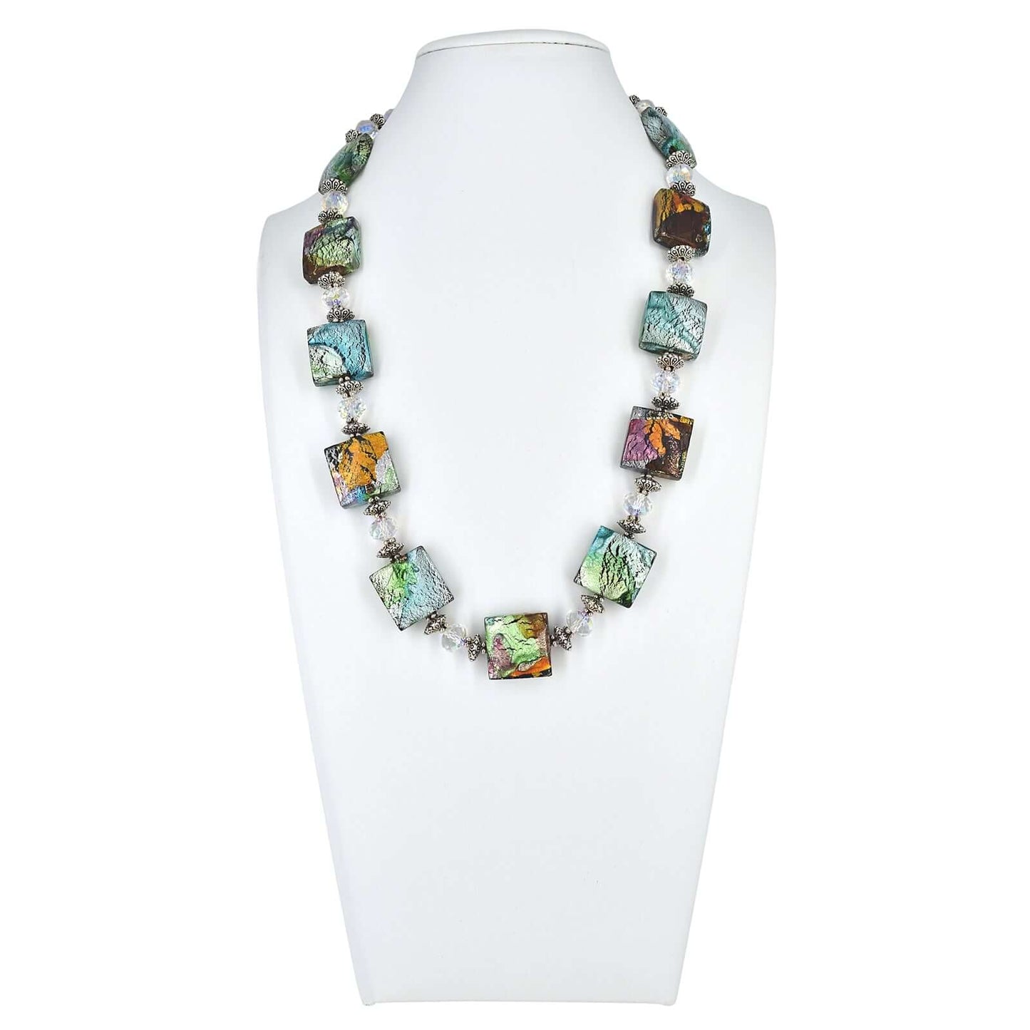 Multi-Color Large Italian Murano Glass Bead Necklace with White Austrian Crystals  