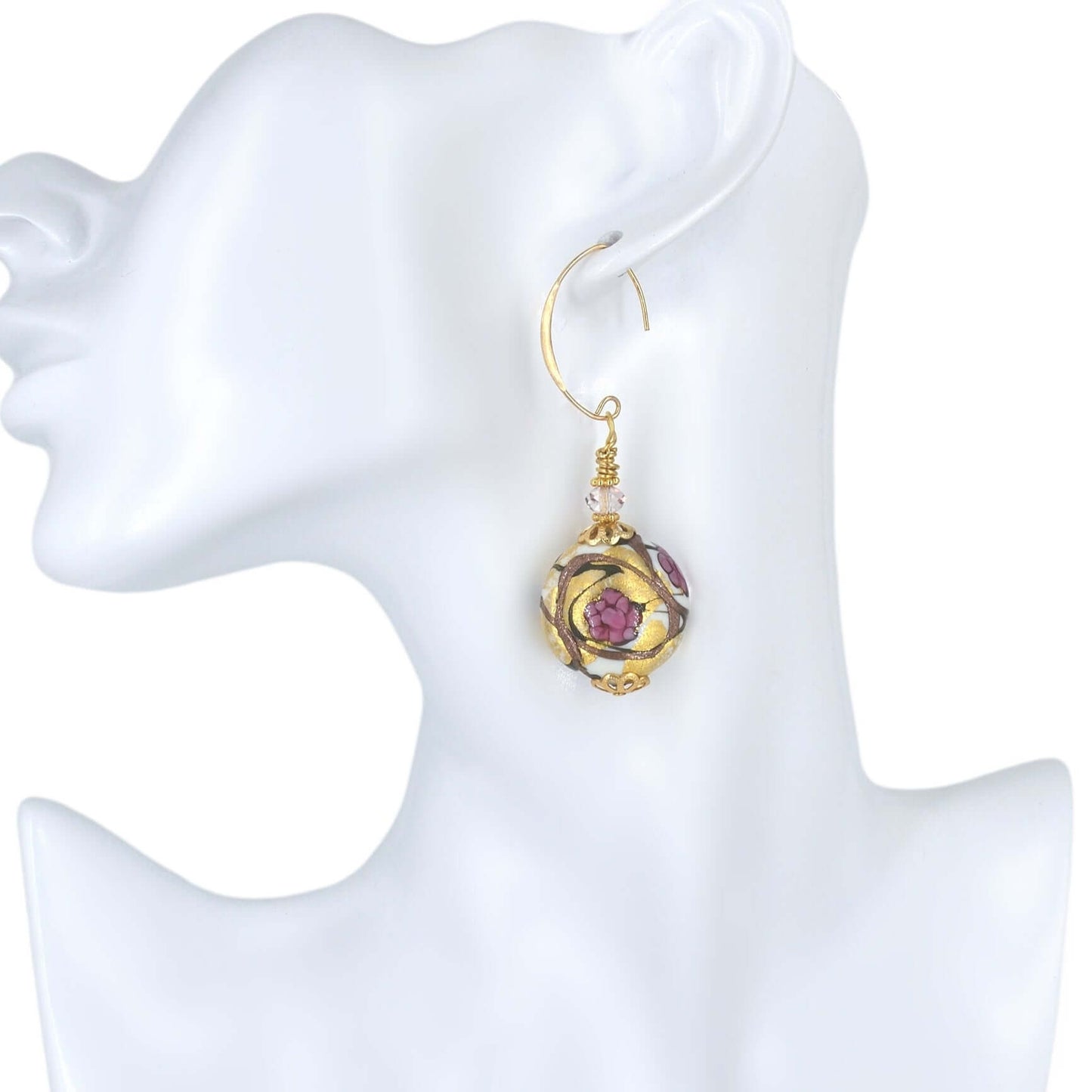 Pink and Gold Venetian Bead Earrings on Gold-Filled Earring Wires  