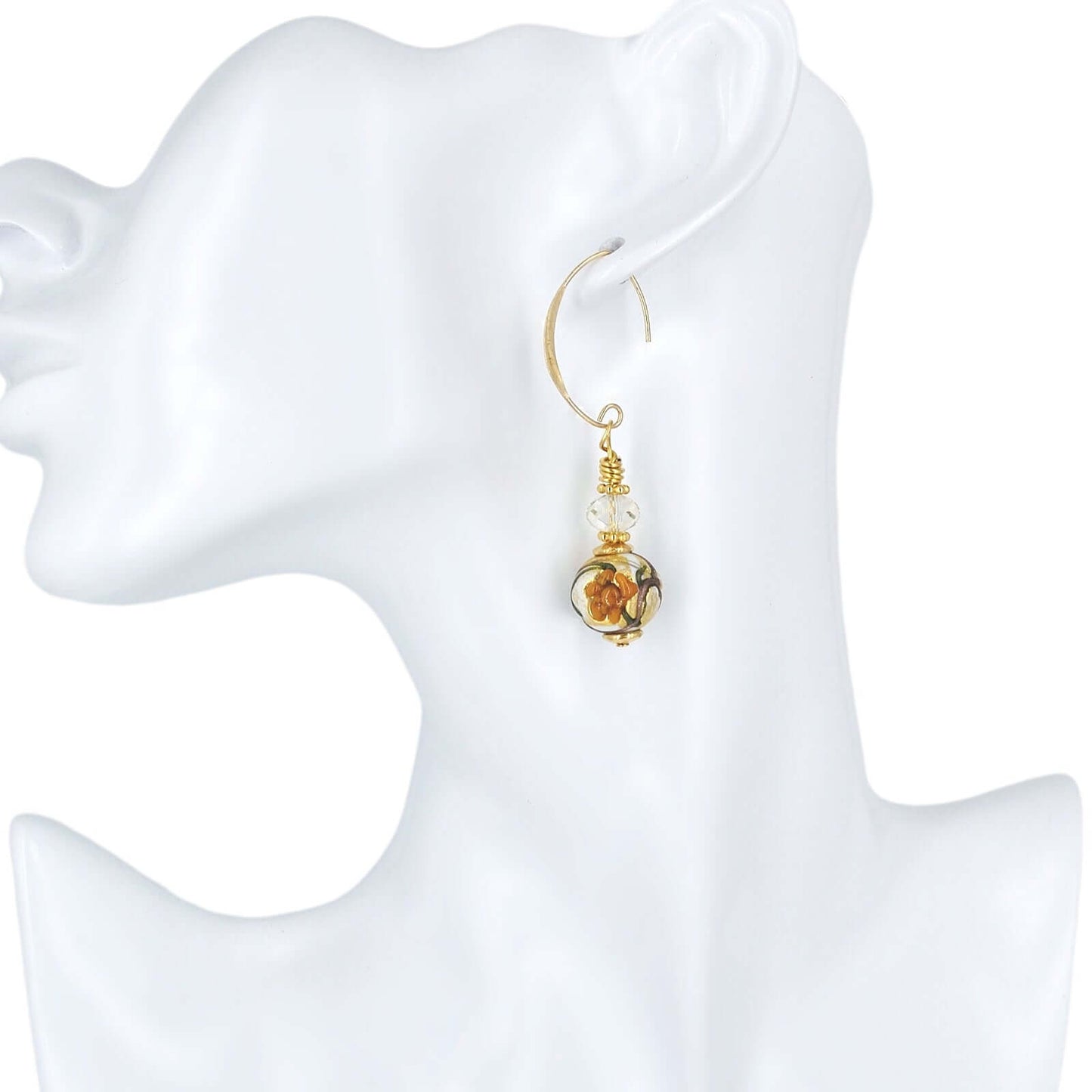 Orange Floral Round Bead Murano Glass Drop Earrings with Austrian Crystal on Gold-Filled Earring Wires  