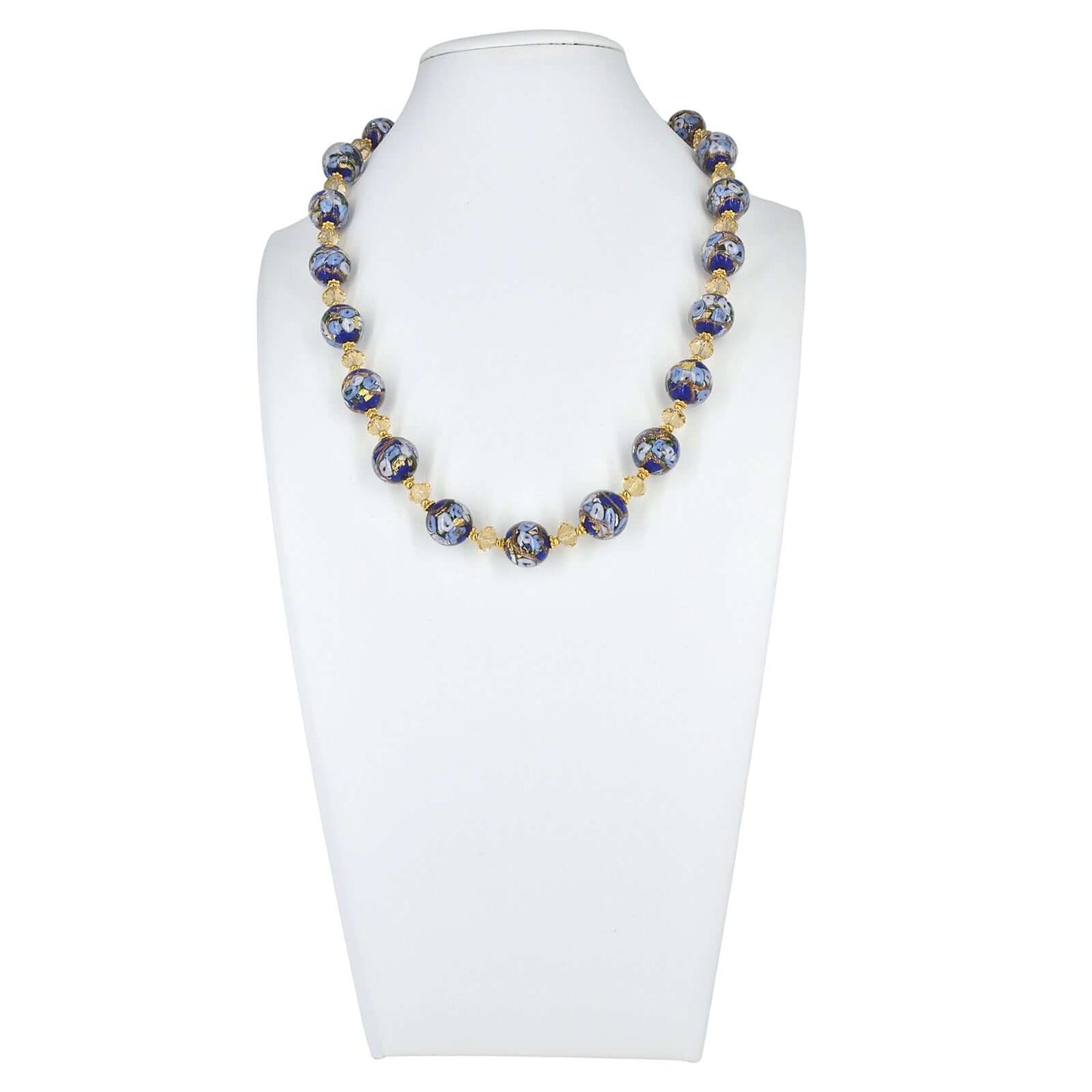 Blue Floral Italian Glass Beaded Necklace with Golden Austrian Crystals  