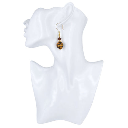 Brown and Black Spot Murano Glass Earrings with Austrian Crystals on Gold Filled Earring Wires  