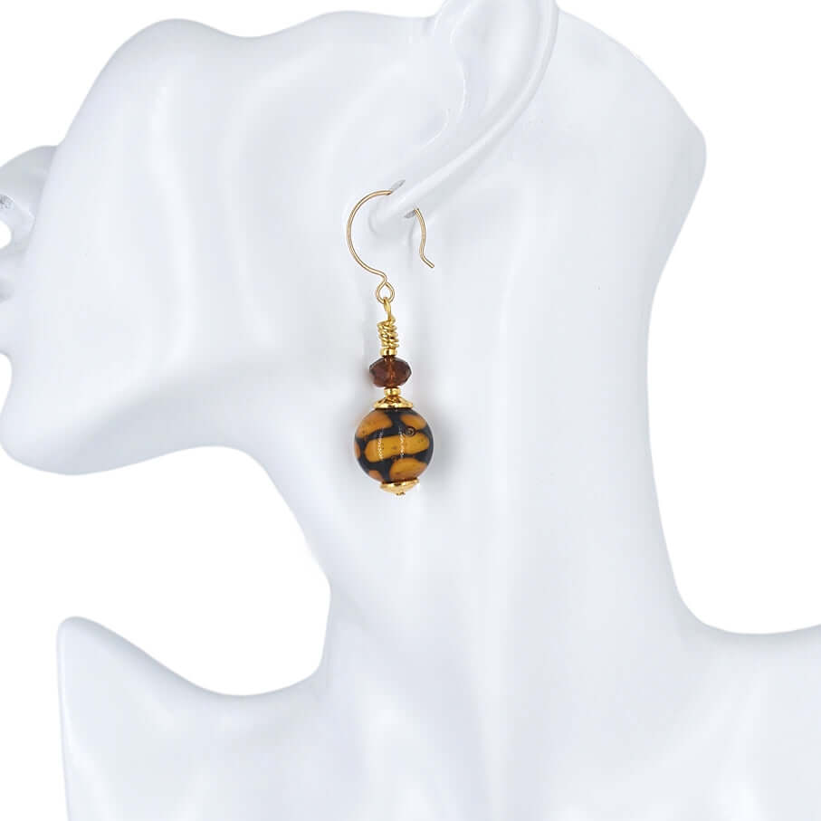 Brown and Black Spot Murano Glass Earrings with Austrian Crystals on Gold Filled Earring Wires  