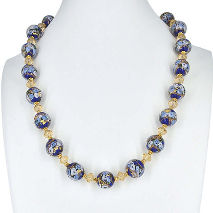 Blue Floral Italian Glass Beaded Necklace with Golden Austrian Crystals  