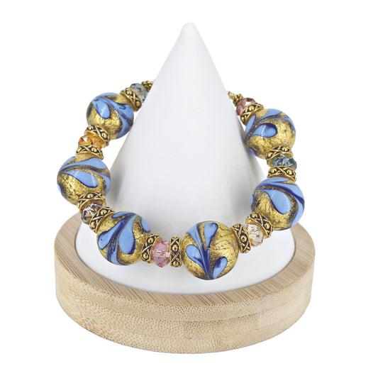 Italian Blue Gold Floral Murano Glass Crystal Bead Bracelet with Gold Filled Clasp  