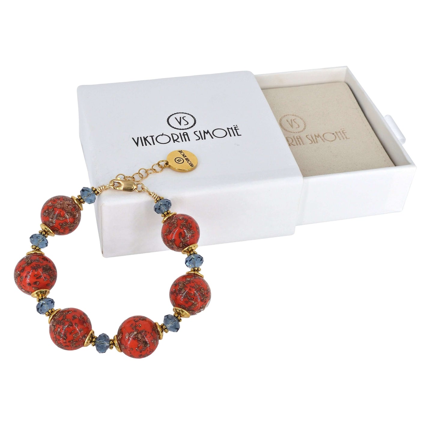 Red Round Italian Bead Bracelet with Blue Austrian Crystals and Gold Filled Clasp  