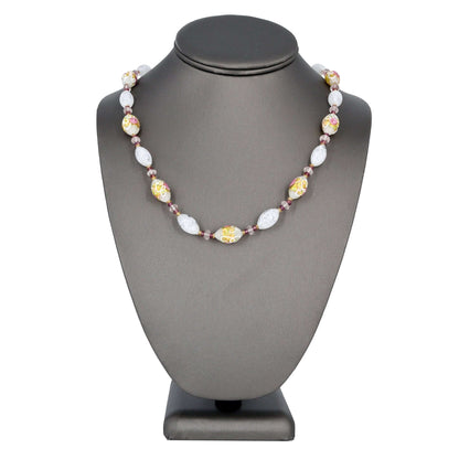 White Floral Wedding Cake Italian Bead Murano Glass Necklace with Citrine, Garnet and Rose Quartz - Sterling Silver Clasp  