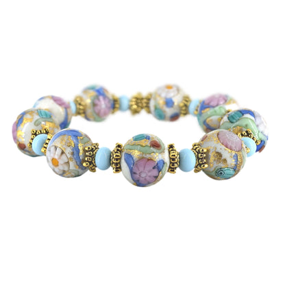 Murano Glass Beaded Floral Stretch Bracelet  