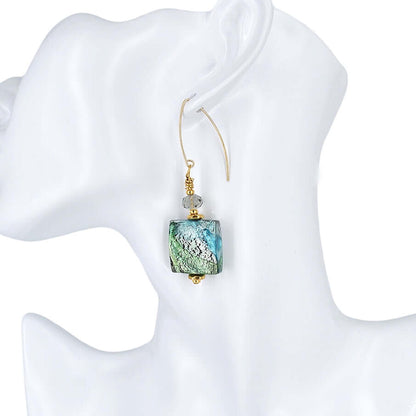 Green and Blue Large Square Murano Glass Bead Earrings with Austrian Crystals on Gold Filled Earring Wires  