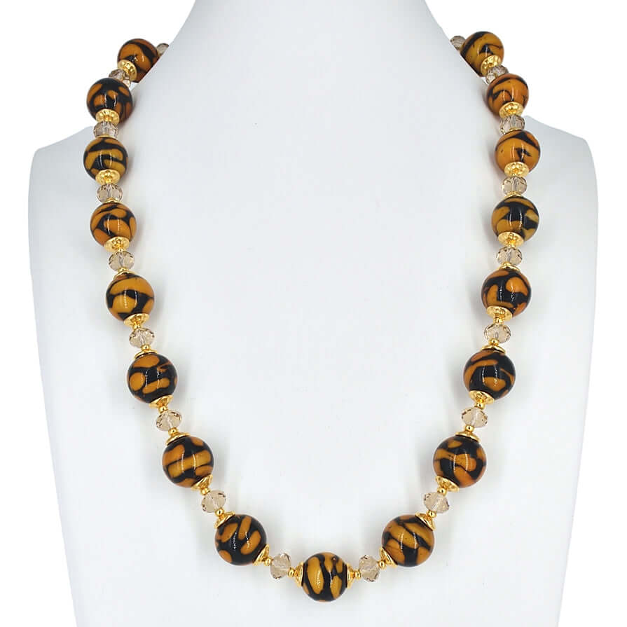 Brown and Black Murano Glass Bead Necklace with Austrian Crystals  