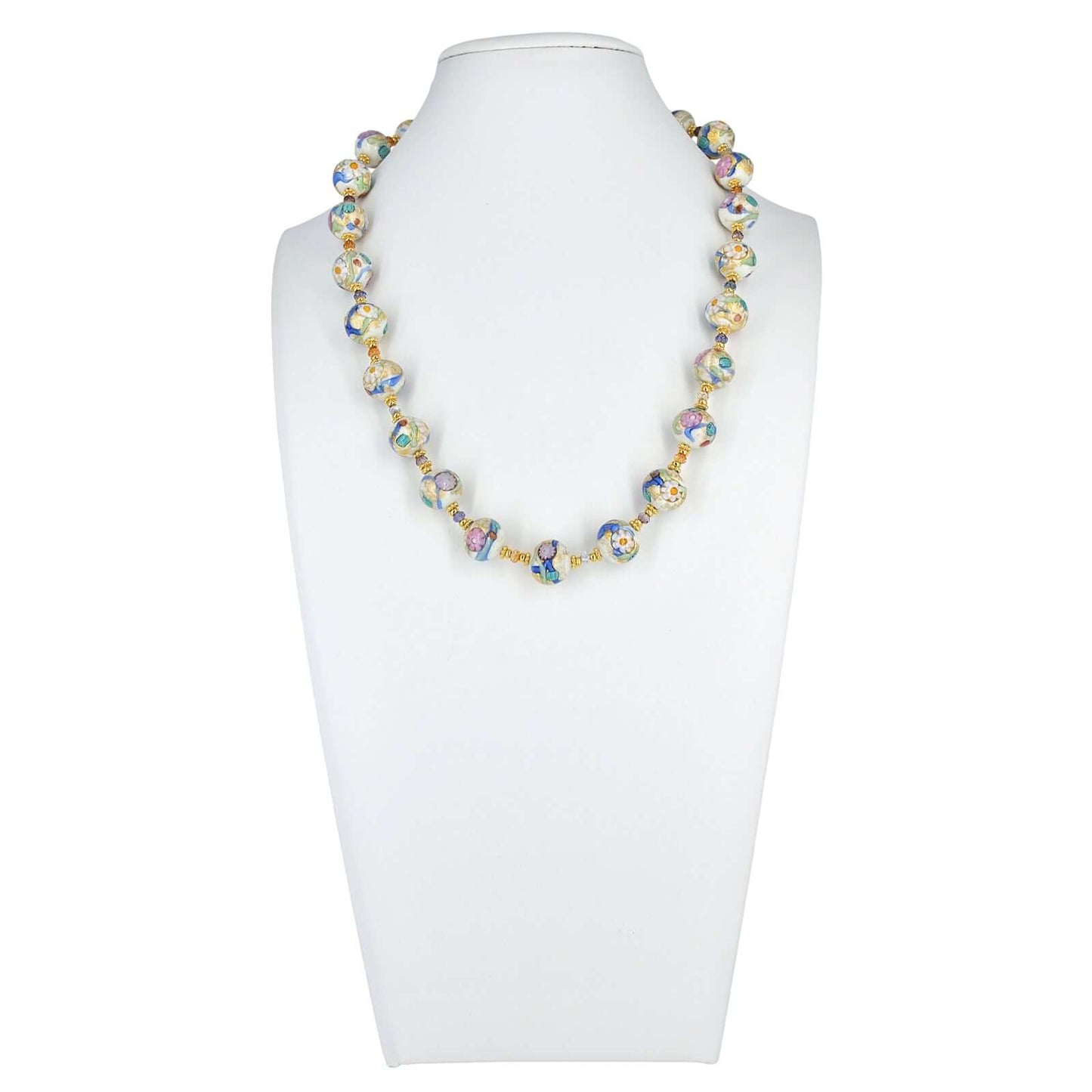 Feminine Multi-Color Floral Millefiori Murano Glass Bead Necklace with Austrian Crystals  