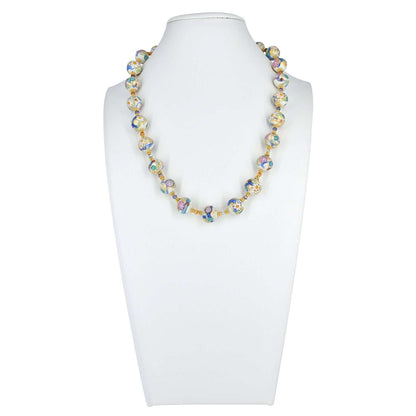 Feminine Multi-Color Floral Millefiori Murano Glass Bead Necklace with Austrian Crystals  