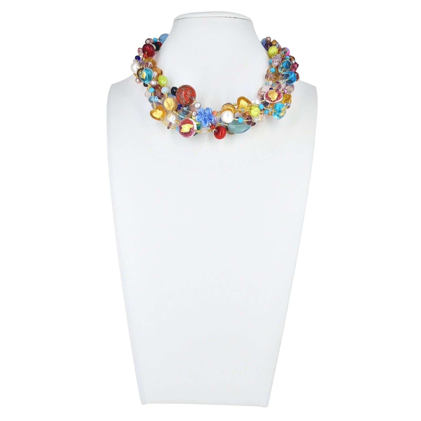 Multi-Strand Choker Necklace with Multi-Color Italian Beads and Austrian Crystals and Gemstones  