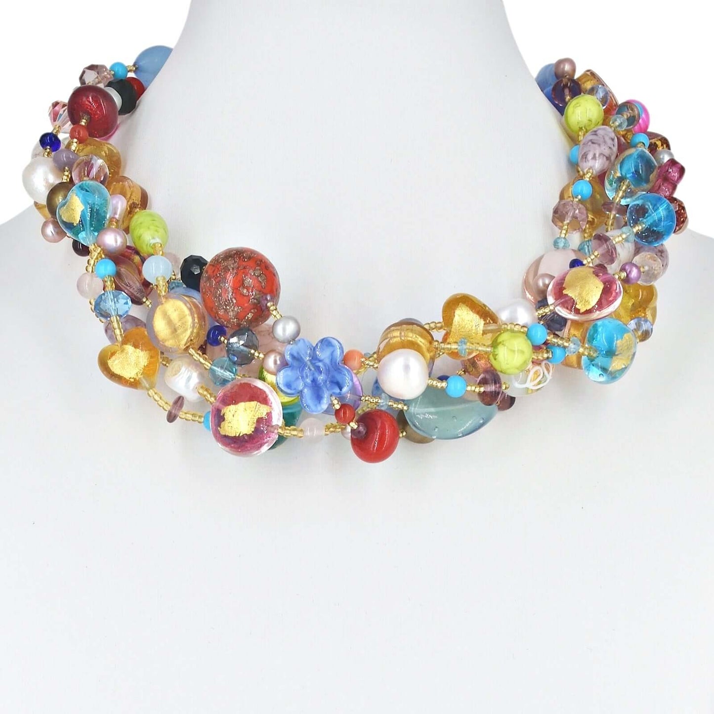 Multi-Strand Choker Necklace with Multi-Color Italian Beads and Austrian Crystals and Gemstones  