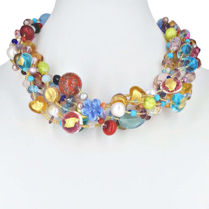 Multi-Strand Choker Necklace with Multi-Color Italian Beads and Austrian Crystals and Gemstones  