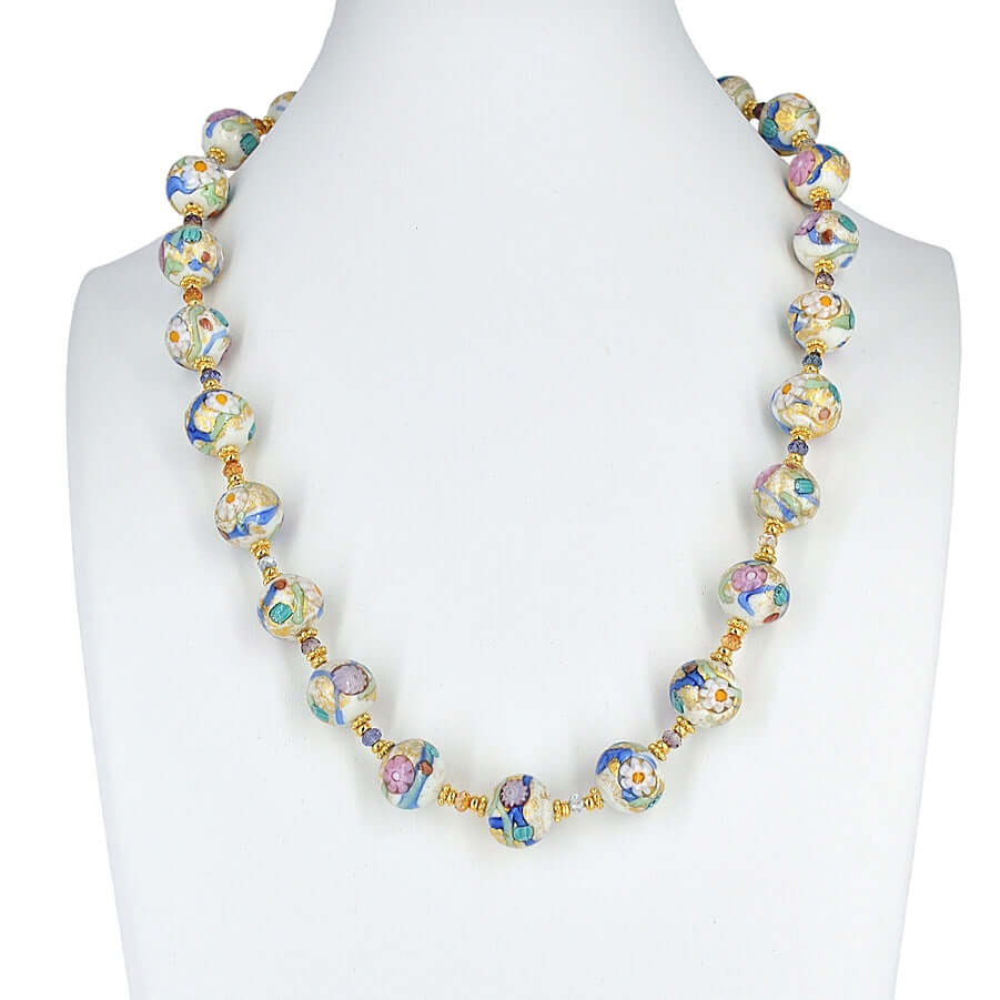 Feminine Multi-Color Floral Millefiori Murano Glass Bead Necklace with Austrian Crystals  