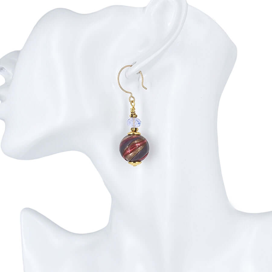 Purple Swirl Round Murano Glass Earrings with Purple Austrian Crystals on Gold Filled Earring Wires  