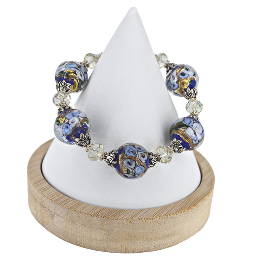 Italian Blue Floral with Silver Murano Glass & Crystal Bead Bracelet  