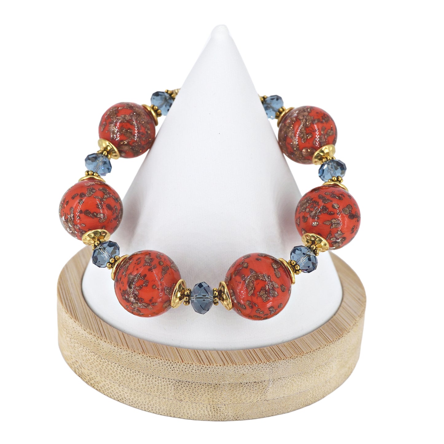 Red Round Italian Bead Bracelet with Blue Austrian Crystals and Gold Filled Clasp  