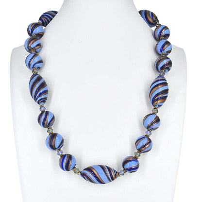 Blue Stripe Murano Glass Bead Statement Necklace  