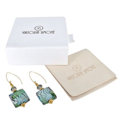 Green and Blue Large Square Murano Glass Bead Earrings with Austrian Crystals on Gold Filled Earring Wires  