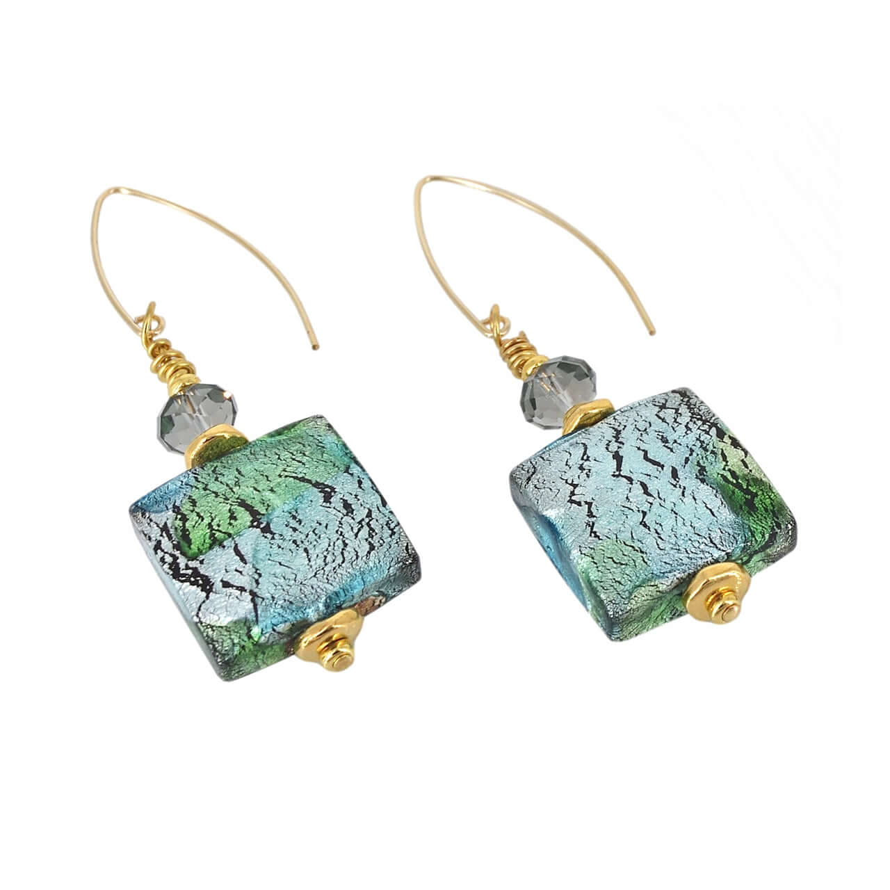 Green and Blue Large Square Murano Glass Bead Earrings with Austrian Crystals on Gold Filled Earring Wires  