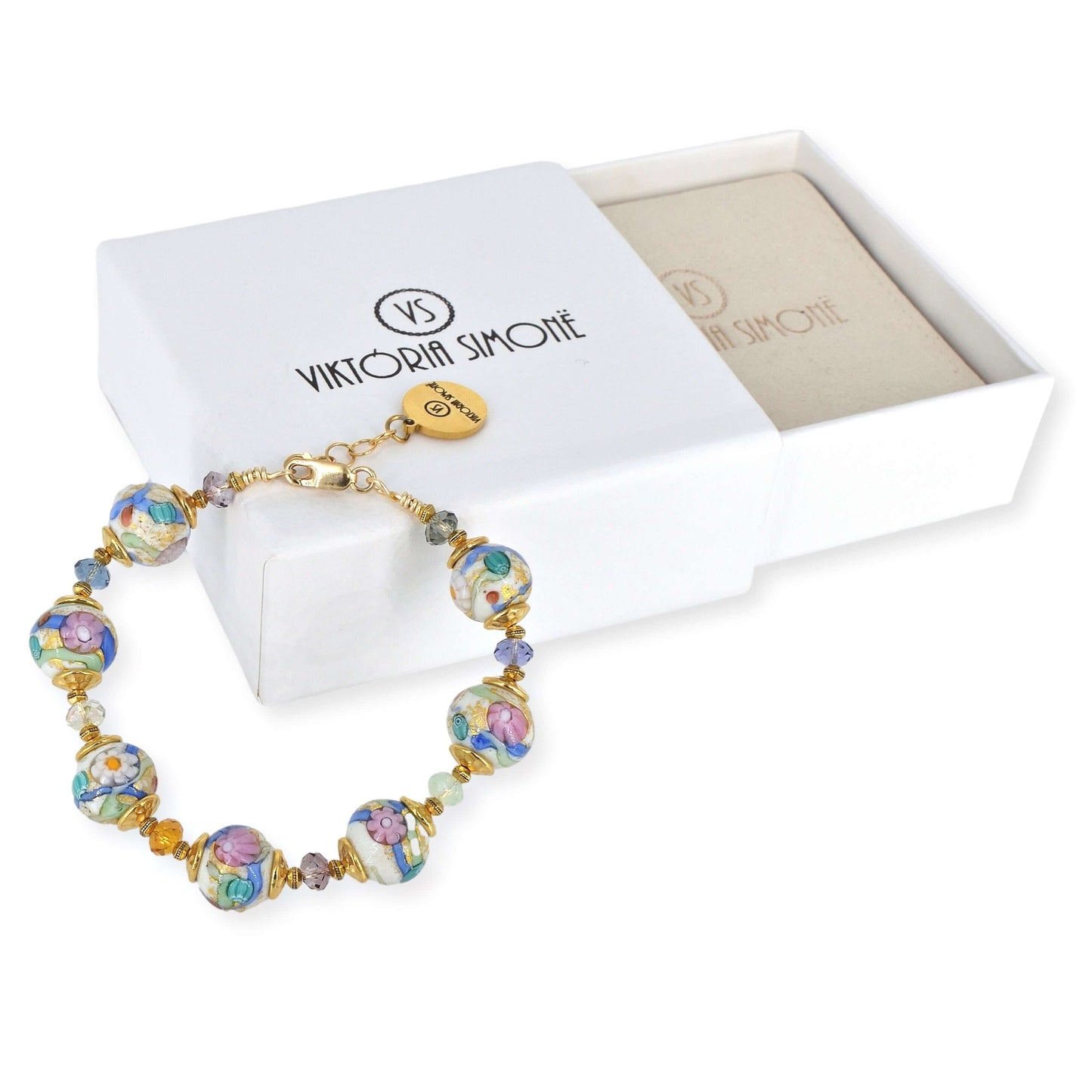 Multi-Color Floral Murano Glass Bead Bracelet with Austrian Crystals and Gold Filled Clasp  