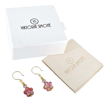 Pink Floral Venetian Bead Dangle Earrings with Austrian Crystals on Gold Filled Earring Wires  