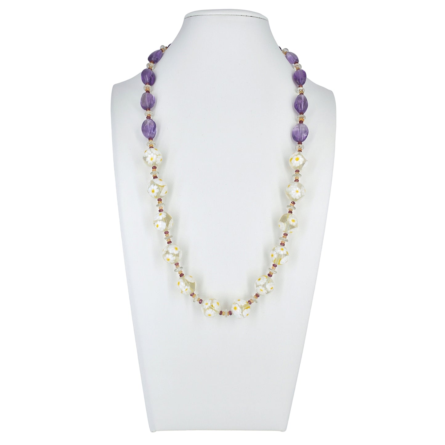 White Floral Beaded Amethyst Murano Glass Necklace With Citrine, Garnet & Green Amethyst - Sterling Silver Clasp  