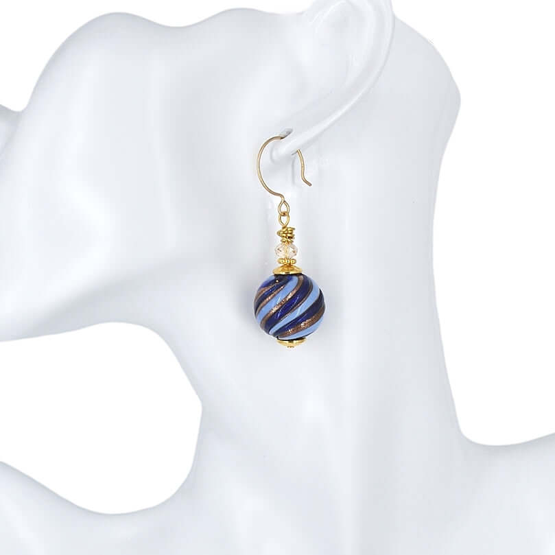 Blue and Gold Swirl Glass Bead Murano Glass Earrings with Austrian Crystals on Gold Filled Earring Wires  