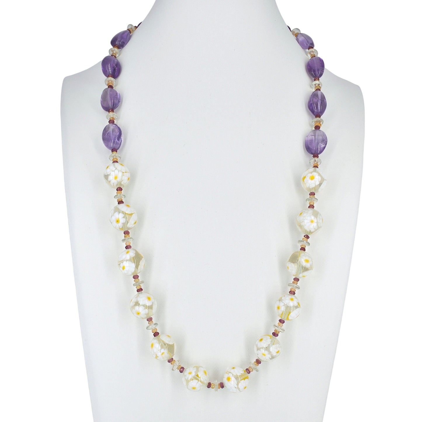 White Floral Beaded Amethyst Murano Glass Necklace With Citrine, Garnet & Green Amethyst - Sterling Silver Clasp  