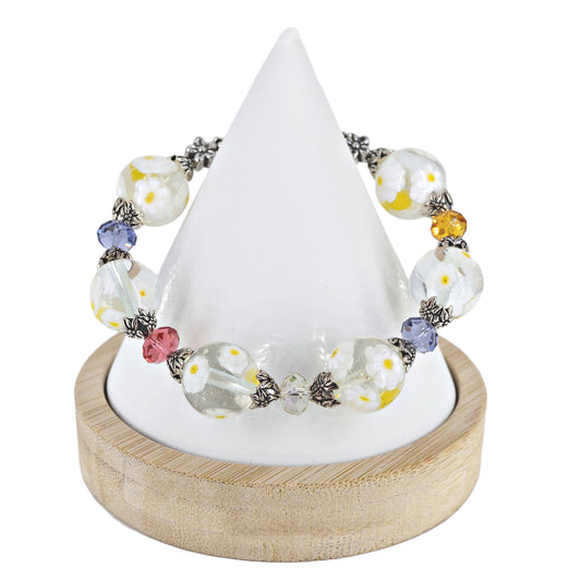 Italian White Yellow Floral Murano Glass & Crystal Bead Bracelet  