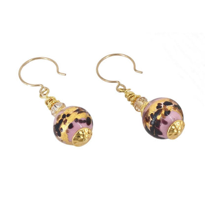 Pink Leopard Spot Italian Glass Bead Earring with Austrian Crystals and Gold-Filled Earwires  