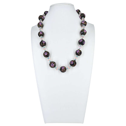 Italian Black Pink Floral Murano Glass, Apatite and Pink Austrian Crystal Necklace - Sterling Silver Clasp  