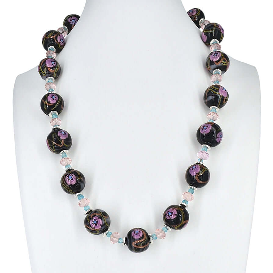 Italian Black Pink Floral Murano Glass, Apatite and Pink Austrian Crystal Necklace - Sterling Silver Clasp  