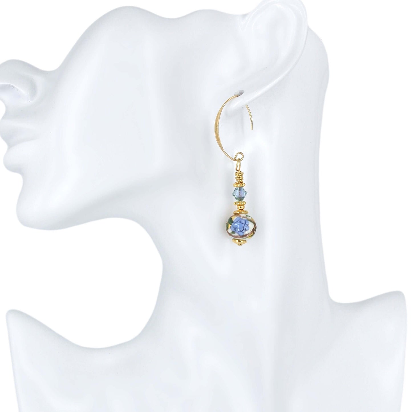 Blue Floral Round Bead Murano Glass Drop Earrings with Austrian Crystal on Gold-Filled Earring Wires  