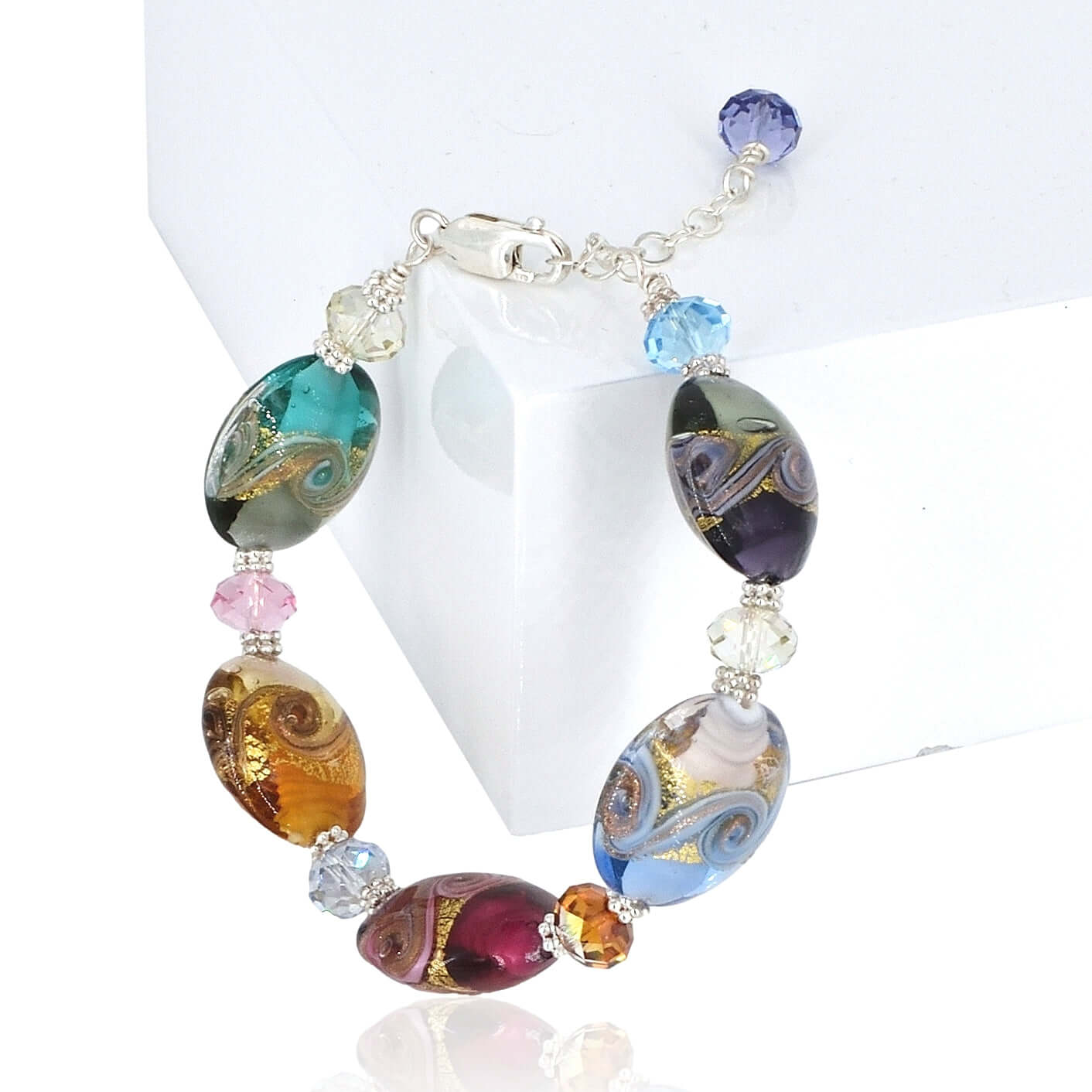 Multi-Color Venetian Bead Bracelet with Austrian Crystals and Sterling Silver Clasp  