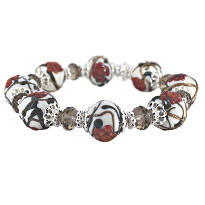 Red Floral Murano Glass Crystal Bead Bracelet Stretch Bracelet  