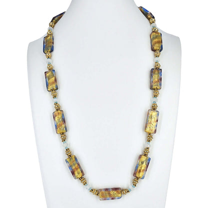 Rectangle Gold Foil Italian Bead Necklace with Apatite and Moonstone Gemstones and Gold Filled Clasp  