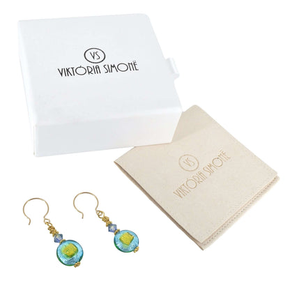 Contemporary Style Blue and Green Lentil Murano Glass Earrings with Austrian Crystal on Gold Filled Earring Wires  