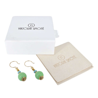 Ocean Green Italian Murano Glass Bead Earrings with Austrian Crystals on Gold Filled Earring Wires  