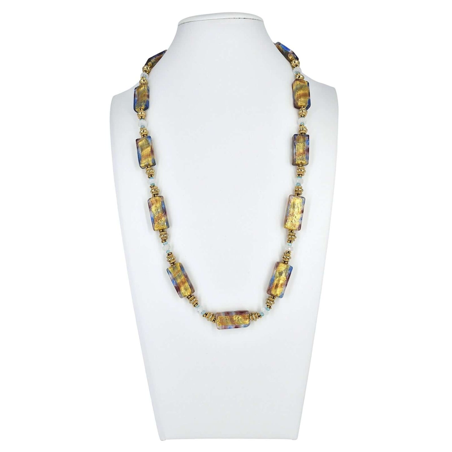 Rectangle Gold Foil Italian Bead Necklace with Apatite and Moonstone Gemstones and Gold Filled Clasp  