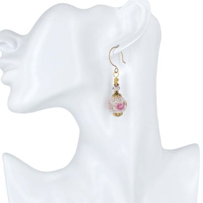 Pink Floral Italian Glass Earrings on Gold Filled Earring Wires with Genuine Austrian Crystals  