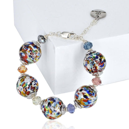 Multi-Color Italian Bead Bangle Bracelet with Austrian Crystals. Sterling Silver Clasp with Extender.  