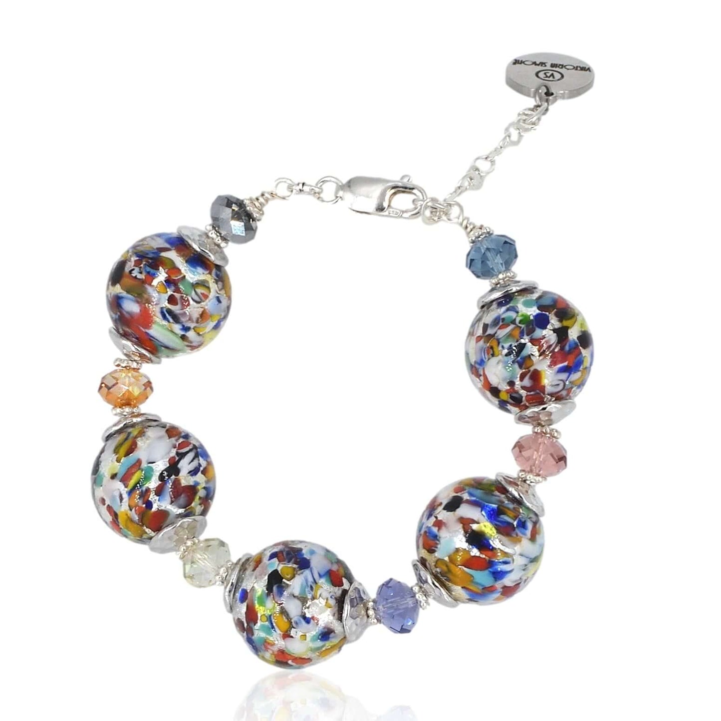 Multi-Color Italian Bead Bangle Bracelet with Austrian Crystals. Sterling Silver Clasp with Extender.  