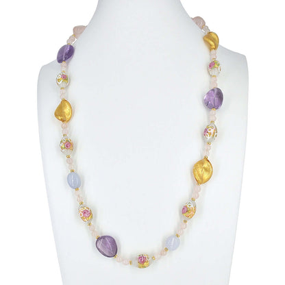 Multi-Color Venetian Bead Necklace with Rose Quartz, Blue Calcedony and Apatite  